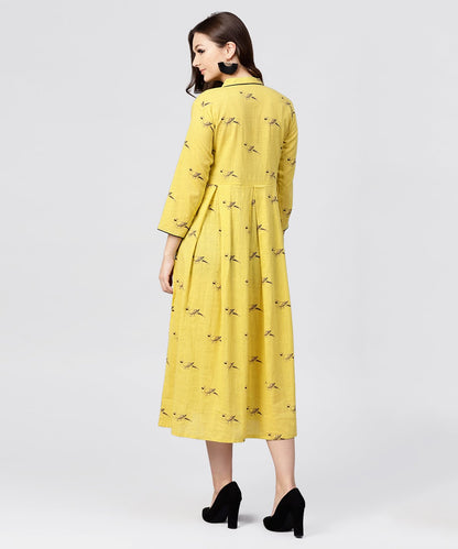 Mustard Full Sleeves Cotton Maxi Dress With Mandarin Collar And Front Placket | LASVINI - Redefining Indian Fashion with Elegance