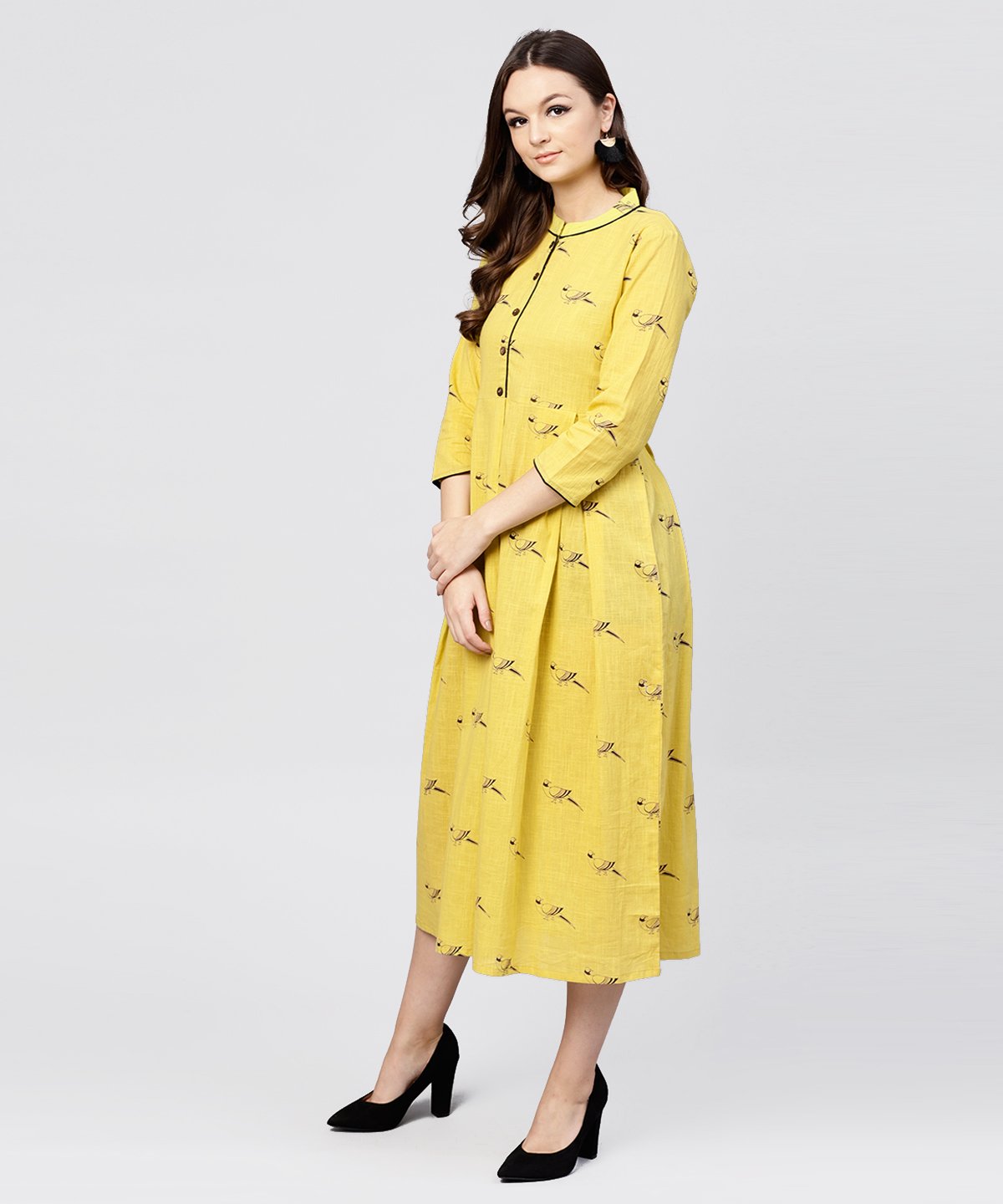 Mustard Full Sleeves Cotton Maxi Dress With Mandarin Collar And Front Placket | LASVINI - Redefining Indian Fashion with Elegance