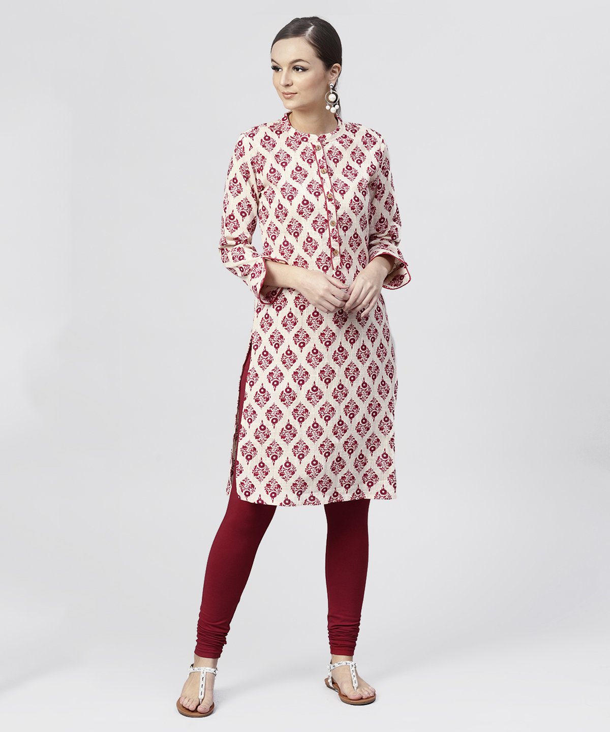 Red Printed Cotton Kurta With Mandarin Collar And  3/4Th Sleeves | LASVINI - Redefining Indian Fashion with Elegance