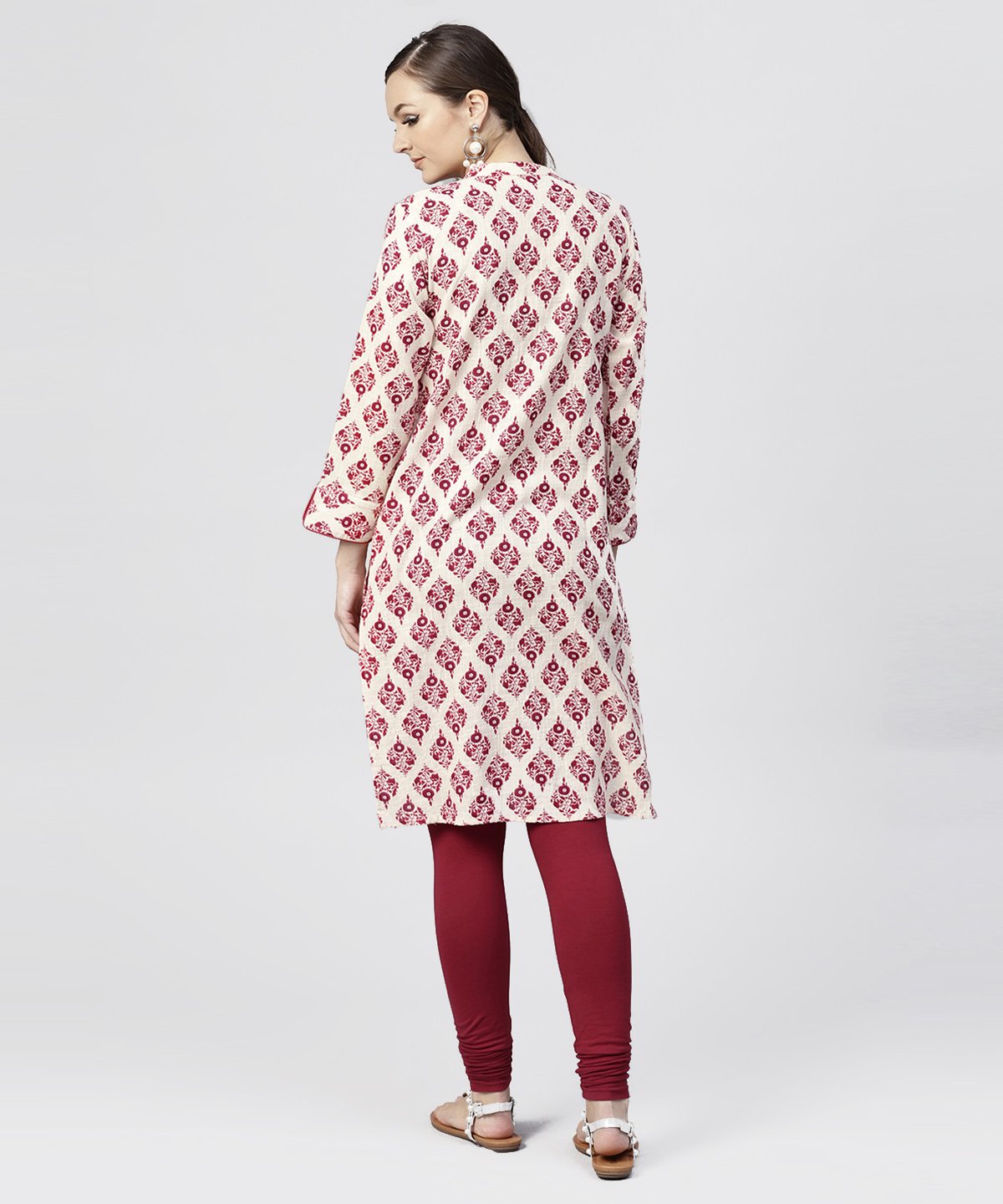 Red Printed Cotton Kurta With Mandarin Collar And  3/4Th Sleeves | LASVINI - Redefining Indian Fashion with Elegance