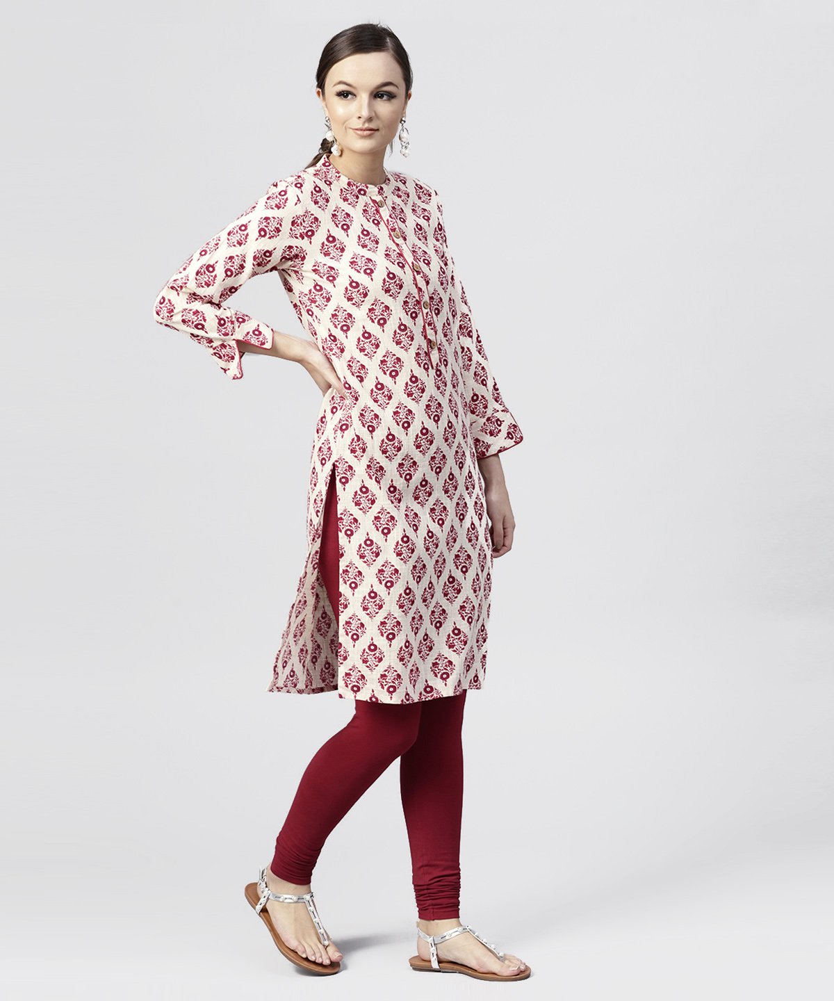 Red Printed Cotton Kurta With Mandarin Collar And  3/4Th Sleeves | LASVINI - Redefining Indian Fashion with Elegance