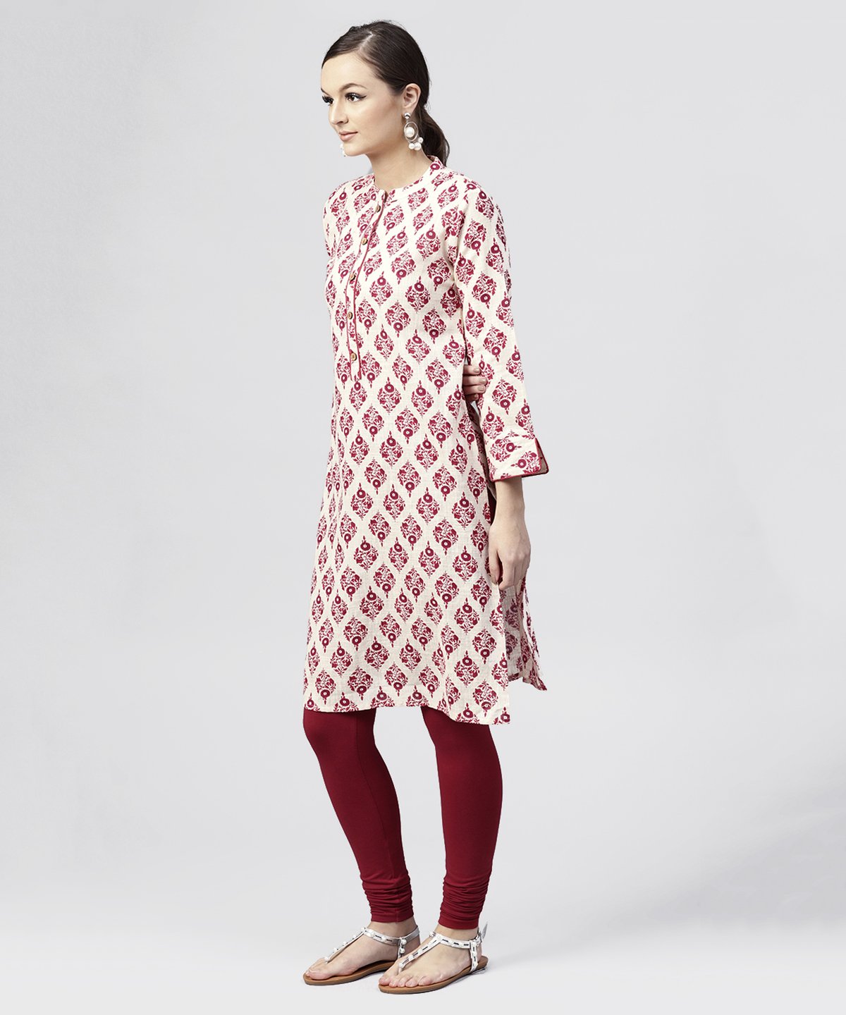 Red Printed Cotton Kurta With Mandarin Collar And  3/4Th Sleeves | LASVINI - Redefining Indian Fashion with Elegance