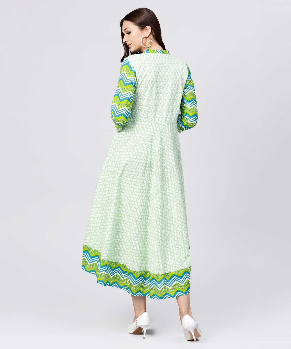 Green Printed Cotton Angrakha Style Dress With  Mandarin Collar Embellished With Tassels | LASVINI - Redefining Indian Fashion with Elegance