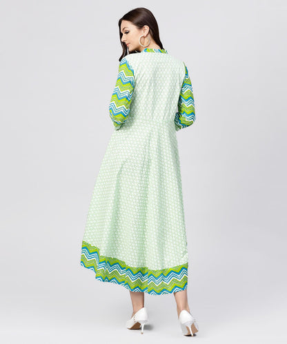 Green Printed Cotton Angrakha Style Dress With  Mandarin Collar Embellished With Tassels | LASVINI - Redefining Indian Fashion with Elegance