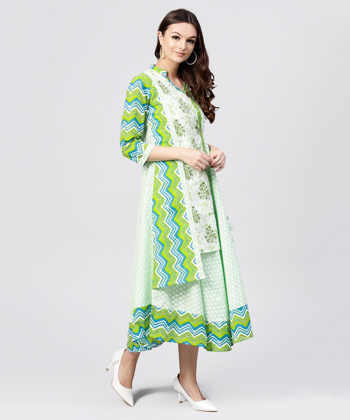 Green Printed Cotton Angrakha Style Dress With  Mandarin Collar Embellished With Tassels | LASVINI - Redefining Indian Fashion with Elegance