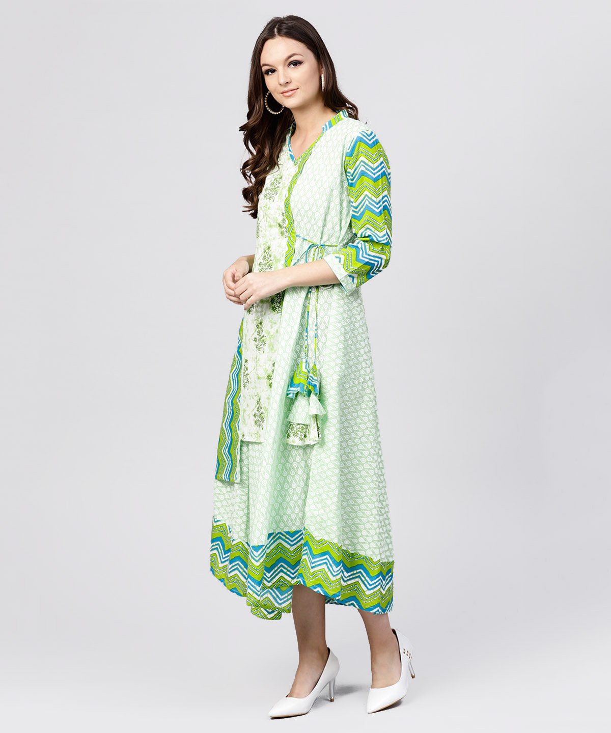 Green Printed Cotton Angrakha Style Dress With  Mandarin Collar Embellished With Tassels | LASVINI - Redefining Indian Fashion with Elegance