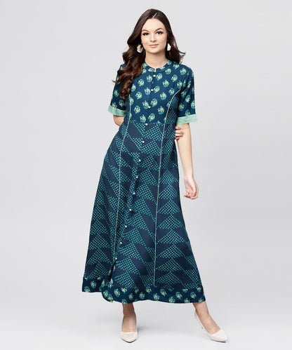 Blue Printed Panelled Cut A-Line Kurta With Printed Yoke And Front Placket | LASVINI - Redefining Indian Fashion with Elegance