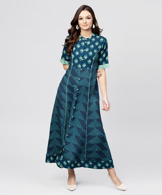 Blue Printed Panelled Cut A-Line Kurta With Printed Yoke And Front Placket | LASVINI - Redefining Indian Fashion with Elegance