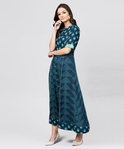 Blue Printed Panelled Cut A-Line Kurta With Printed Yoke And Front Placket | LASVINI - Redefining Indian Fashion with Elegance