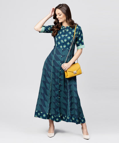 Blue Printed Panelled Cut A-Line Kurta With Printed Yoke And Front Placket | LASVINI - Redefining Indian Fashion with Elegance