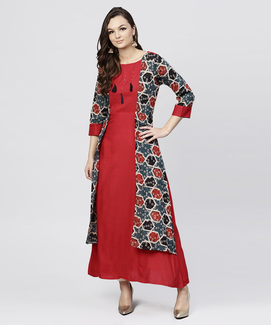 Red Cotton Full Sleeves Kurti With An Attached Jacket And Embellished With Thread Work And Tassel | LASVINI - Redefining Indian Fashion with Elegance