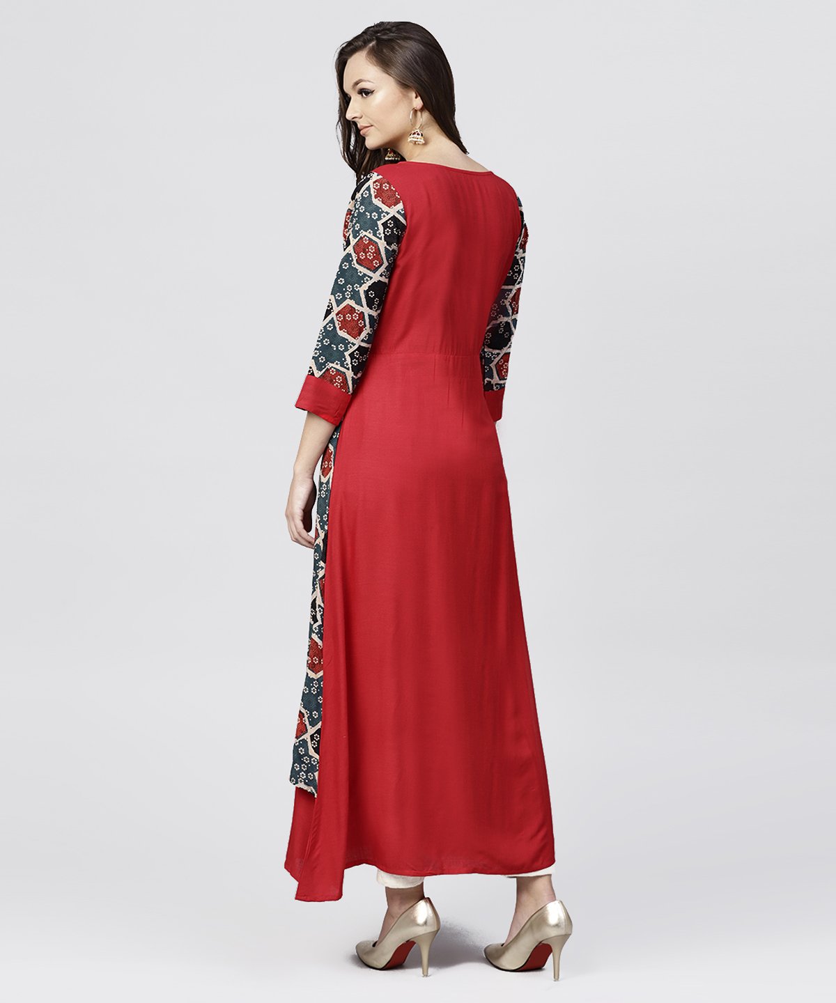 Red Cotton Full Sleeves Kurti With An Attached Jacket And Embellished With Thread Work And Tassel | LASVINI - Redefining Indian Fashion with Elegance