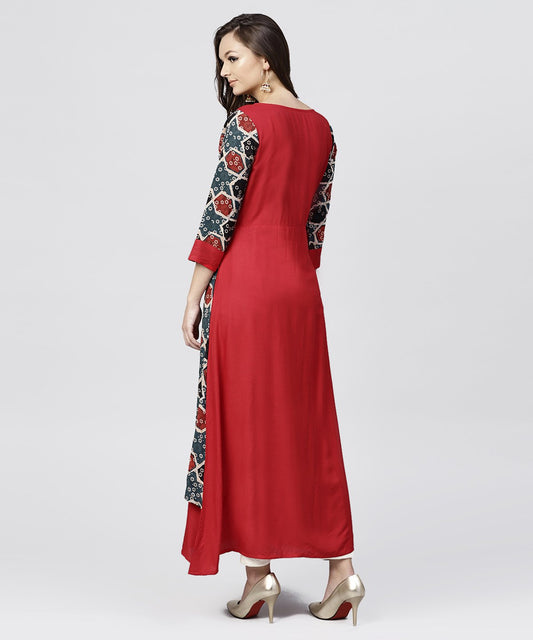 Red Cotton Full Sleeves Kurti With An Attached Jacket And Embellished With Thread Work And Tassel | LASVINI - Redefining Indian Fashion with Elegance