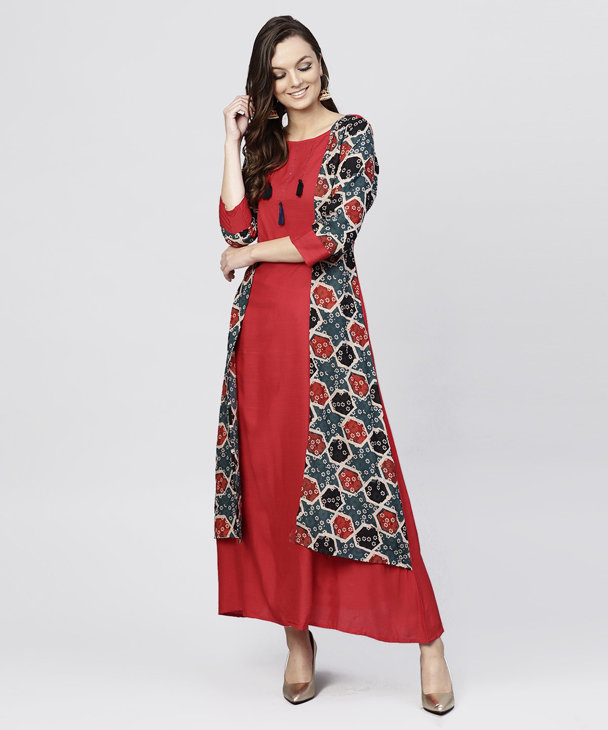 Red Cotton Full Sleeves Kurti With An Attached Jacket And Embellished With Thread Work And Tassel | LASVINI - Redefining Indian Fashion with Elegance