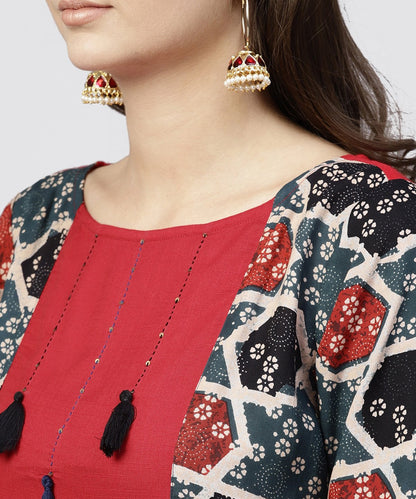 Red Cotton Full Sleeves Kurti With An Attached Jacket And Embellished With Thread Work And Tassel | LASVINI - Redefining Indian Fashion with Elegance