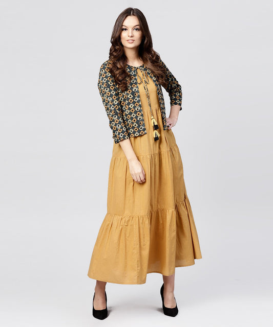 Mustard Cotton Tiered Maxi Dress With Full Sleeves Short Jacket Embellished With Tassel | LASVINI - Redefining Indian Fashion with Elegance