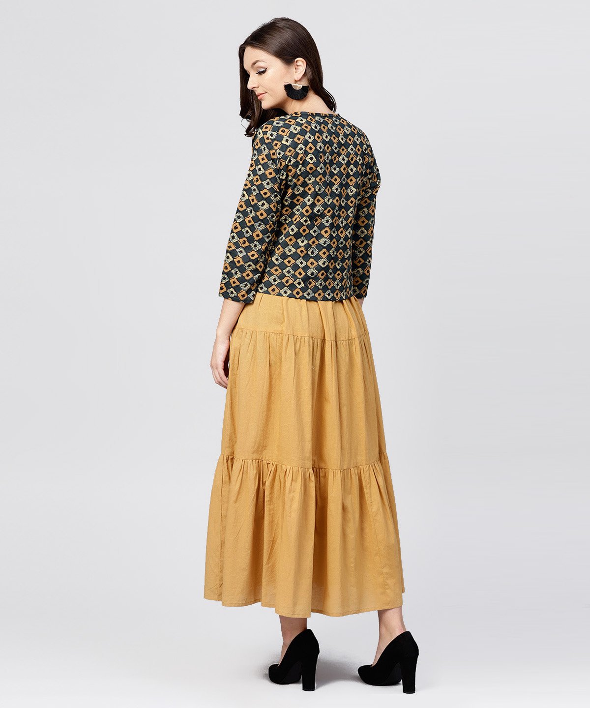 Mustard Cotton Tiered Maxi Dress With Full Sleeves Short Jacket Embellished With Tassel | LASVINI - Redefining Indian Fashion with Elegance