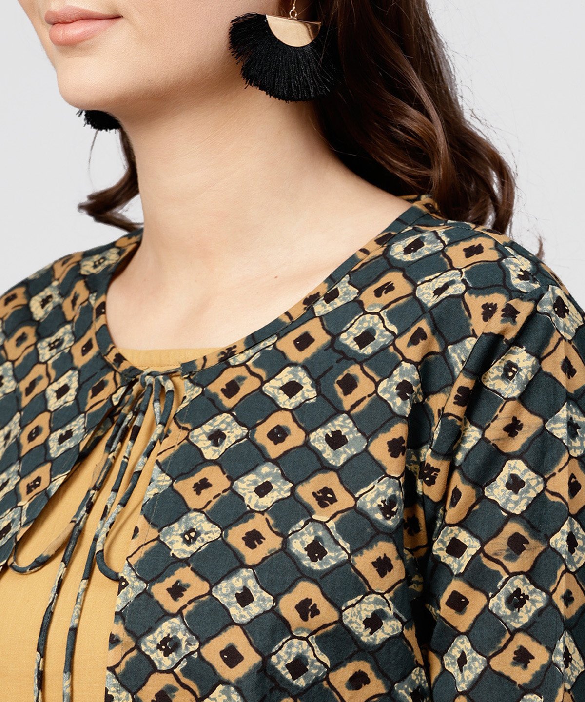 Mustard Cotton Tiered Maxi Dress With Full Sleeves Short Jacket Embellished With Tassel | LASVINI - Redefining Indian Fashion with Elegance