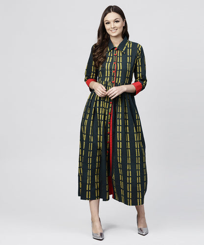 Blue Cotton Printed 3/4 Sleeves Kurta With Shirt Collar And Front Placket | LASVINI - Redefining Indian Fashion with Elegance
