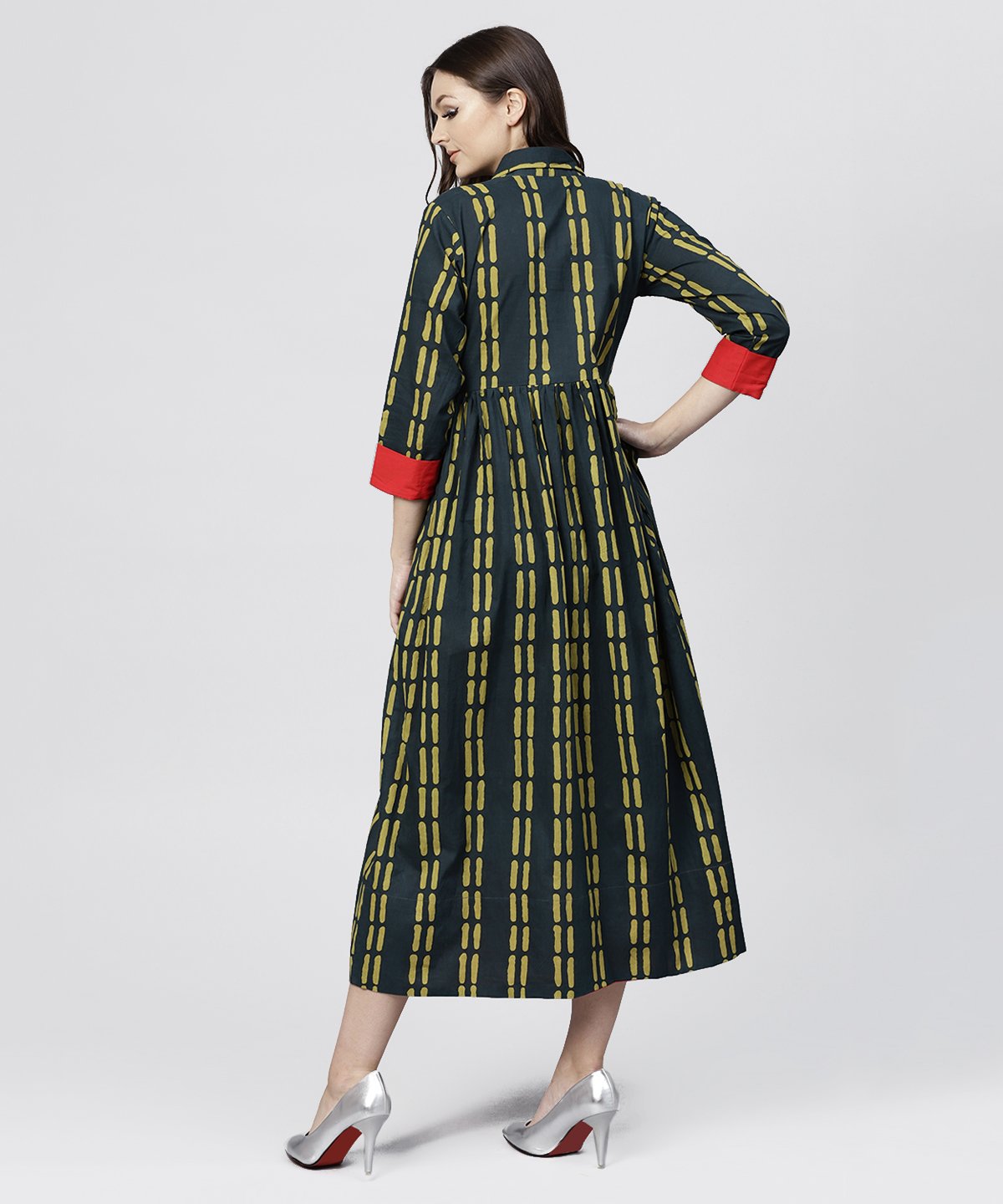 Blue Cotton Printed 3/4 Sleeves Kurta With Shirt Collar And Front Placket | LASVINI - Redefining Indian Fashion with Elegance