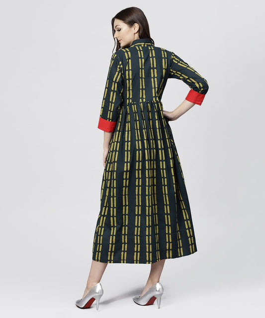 Blue Cotton Printed 3/4 Sleeves Kurta With Shirt Collar And Front Placket | LASVINI - Redefining Indian Fashion with Elegance