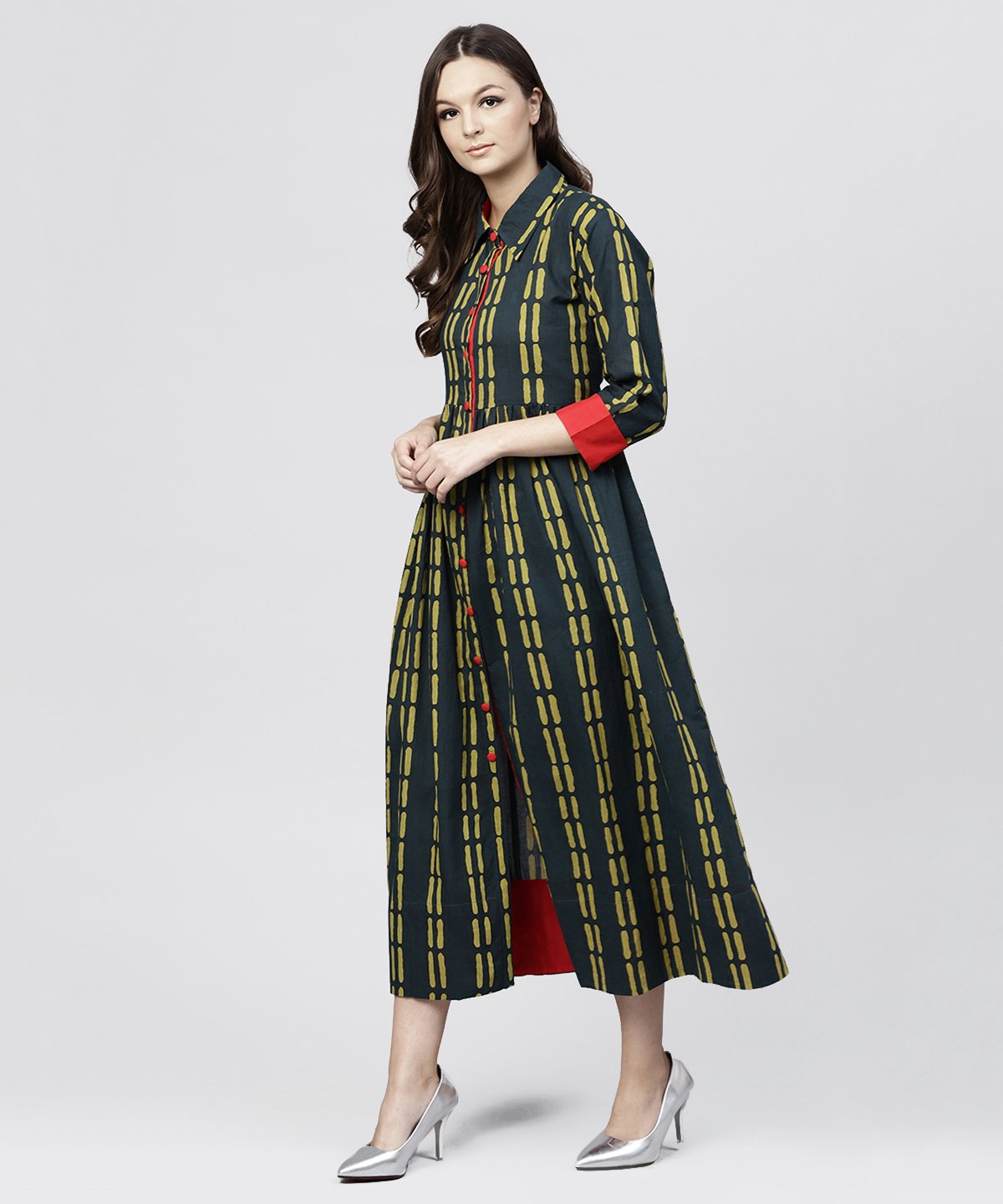 Blue Cotton Printed 3/4 Sleeves Kurta With Shirt Collar And Front Placket | LASVINI - Redefining Indian Fashion with Elegance