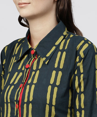 Blue Cotton Printed 3/4 Sleeves Kurta With Shirt Collar And Front Placket | LASVINI - Redefining Indian Fashion with Elegance