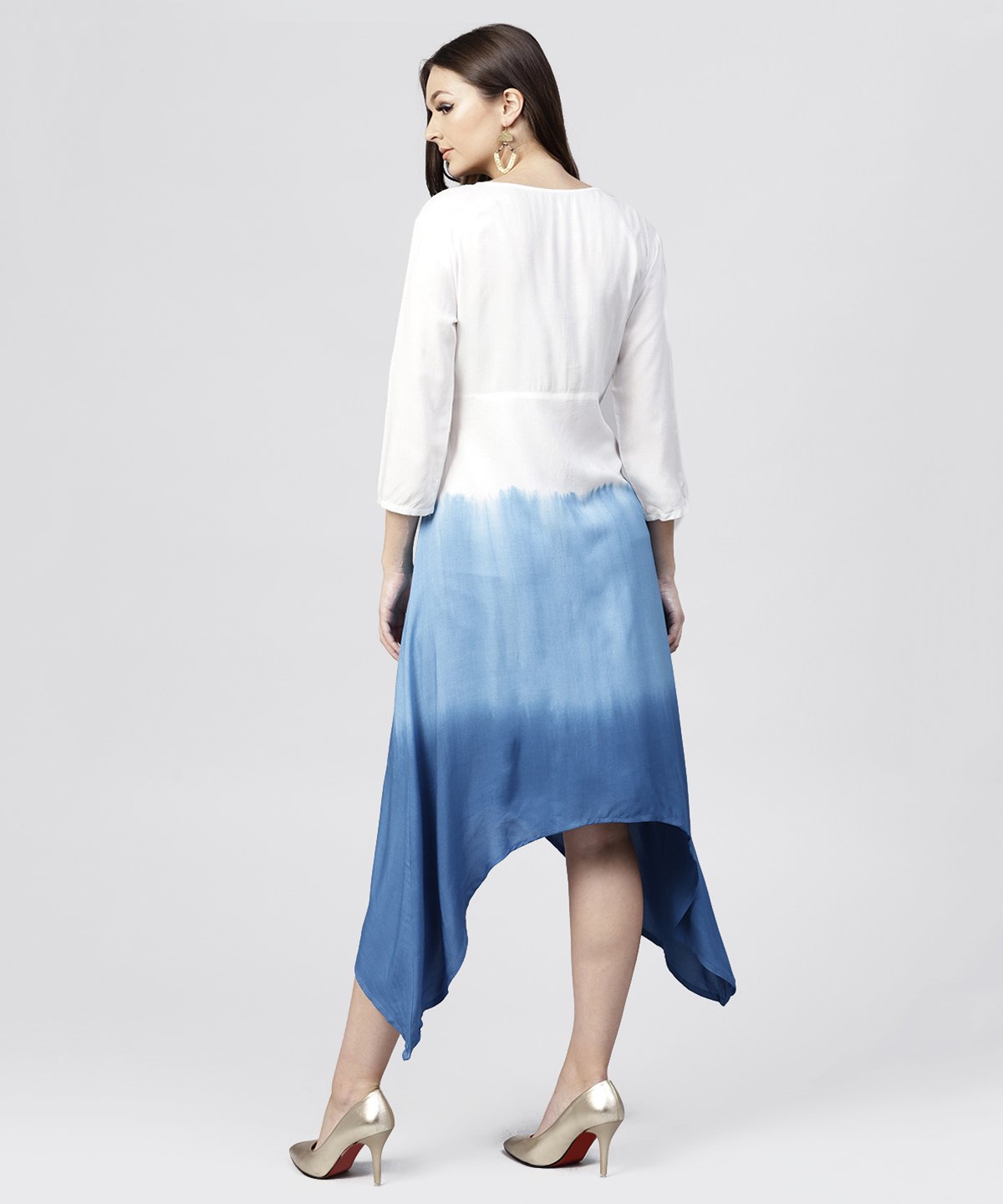 White Rayon Asymmetric Maxi Dress Dyed Blue With 3/4 Sleeves | LASVINI - Redefining Indian Fashion with Elegance