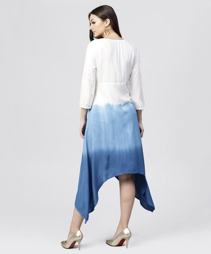 White Rayon Asymmetric Maxi Dress Dyed Blue With 3/4 Sleeves | LASVINI - Redefining Indian Fashion with Elegance