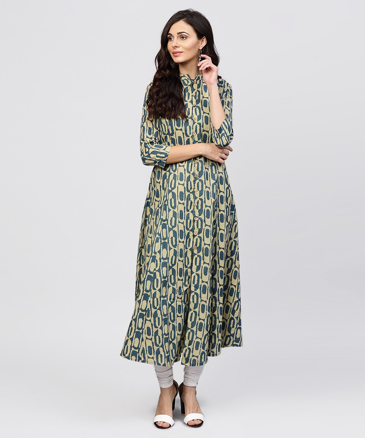 Green Printed Panelled Cut A-Line Kurta With Mandarin Collar And Front Placket | LASVINI - Redefining Indian Fashion with Elegance