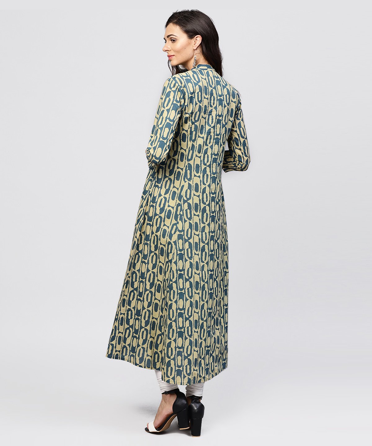 Green Printed Panelled Cut A-Line Kurta With Mandarin Collar And Front Placket | LASVINI - Redefining Indian Fashion with Elegance