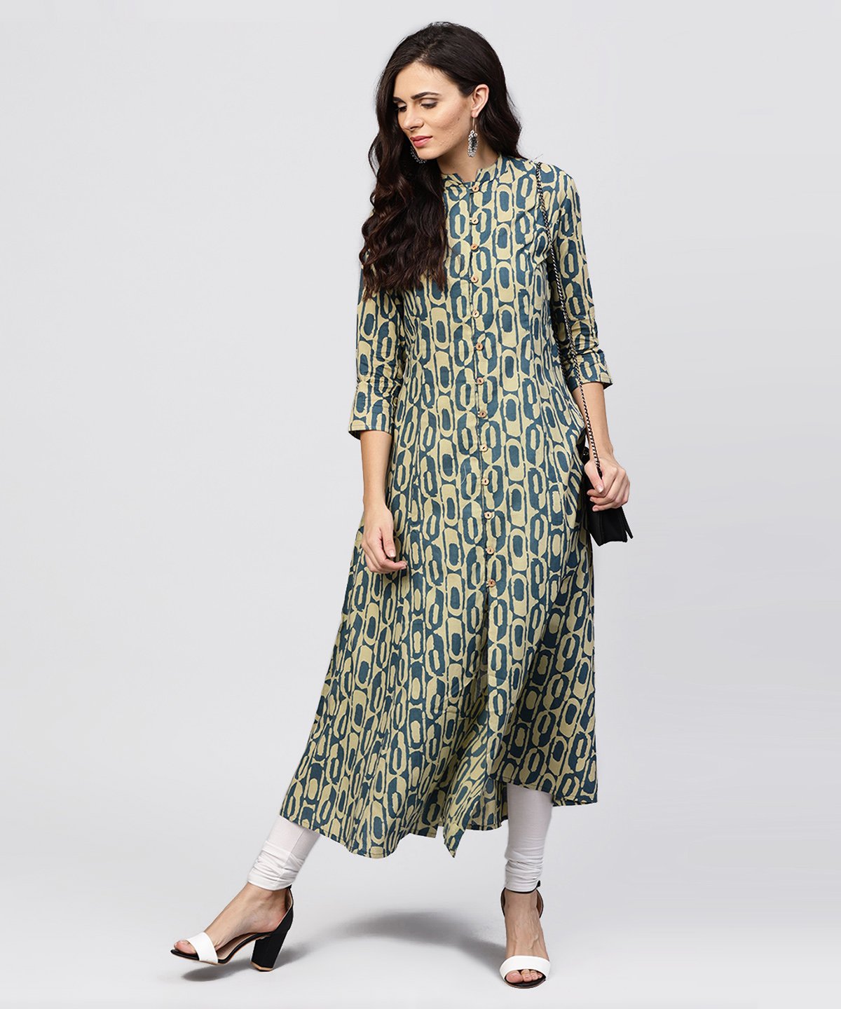 Green Printed Panelled Cut A-Line Kurta With Mandarin Collar And Front Placket | LASVINI - Redefining Indian Fashion with Elegance