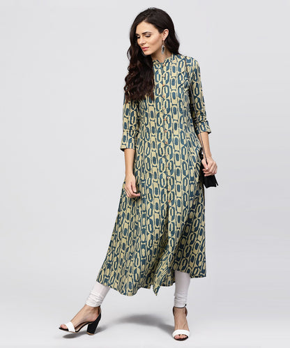 Green Printed Panelled Cut A-Line Kurta With Mandarin Collar And Front Placket | LASVINI - Redefining Indian Fashion with Elegance