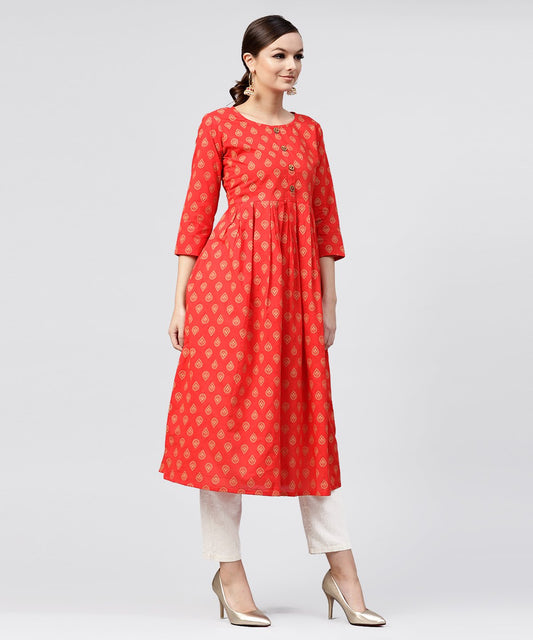 Red Cotton Printed A-Line With Box Pleated  Kurta With Front Placket And 3/4 Sleeves | LASVINI - Redefining Indian Fashion with Elegance
