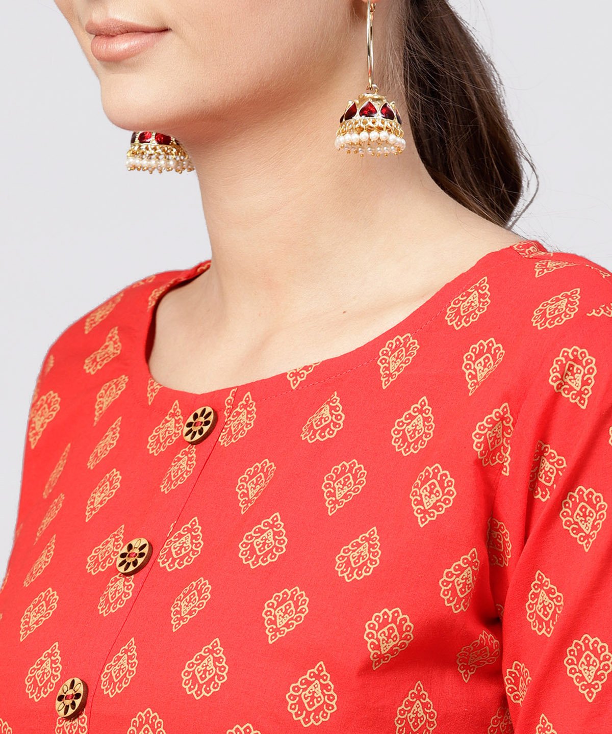 Red Cotton Printed A-Line With Box Pleated  Kurta With Front Placket And 3/4 Sleeves | LASVINI - Redefining Indian Fashion with Elegance