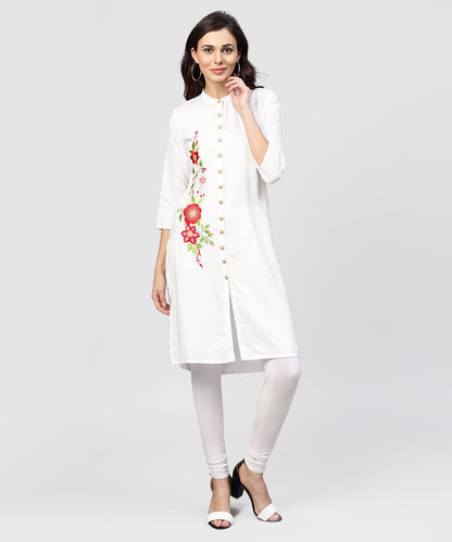 Embroidered Off White Rayon Kurta With Mandarin Collar | LASVINI - Redefining Indian Fashion with Elegance