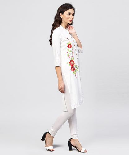 Embroidered Off White Rayon Kurta With Mandarin Collar | LASVINI - Redefining Indian Fashion with Elegance