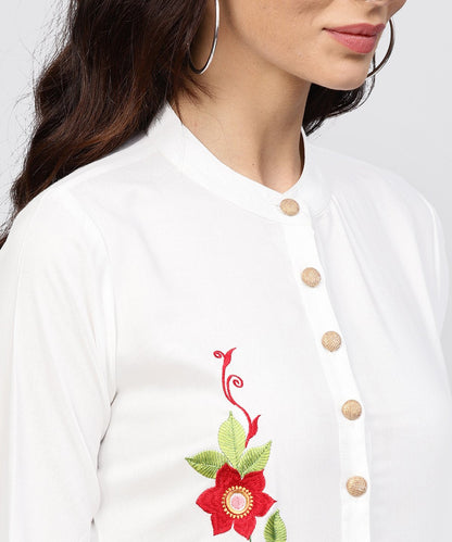 Embroidered Off White Rayon Kurta With Mandarin Collar | LASVINI - Redefining Indian Fashion with Elegance