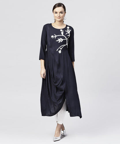 Rayon Navy Blue Cowl Draped Kurta With 3/4 Sleeves | LASVINI - Redefining Indian Fashion with Elegance