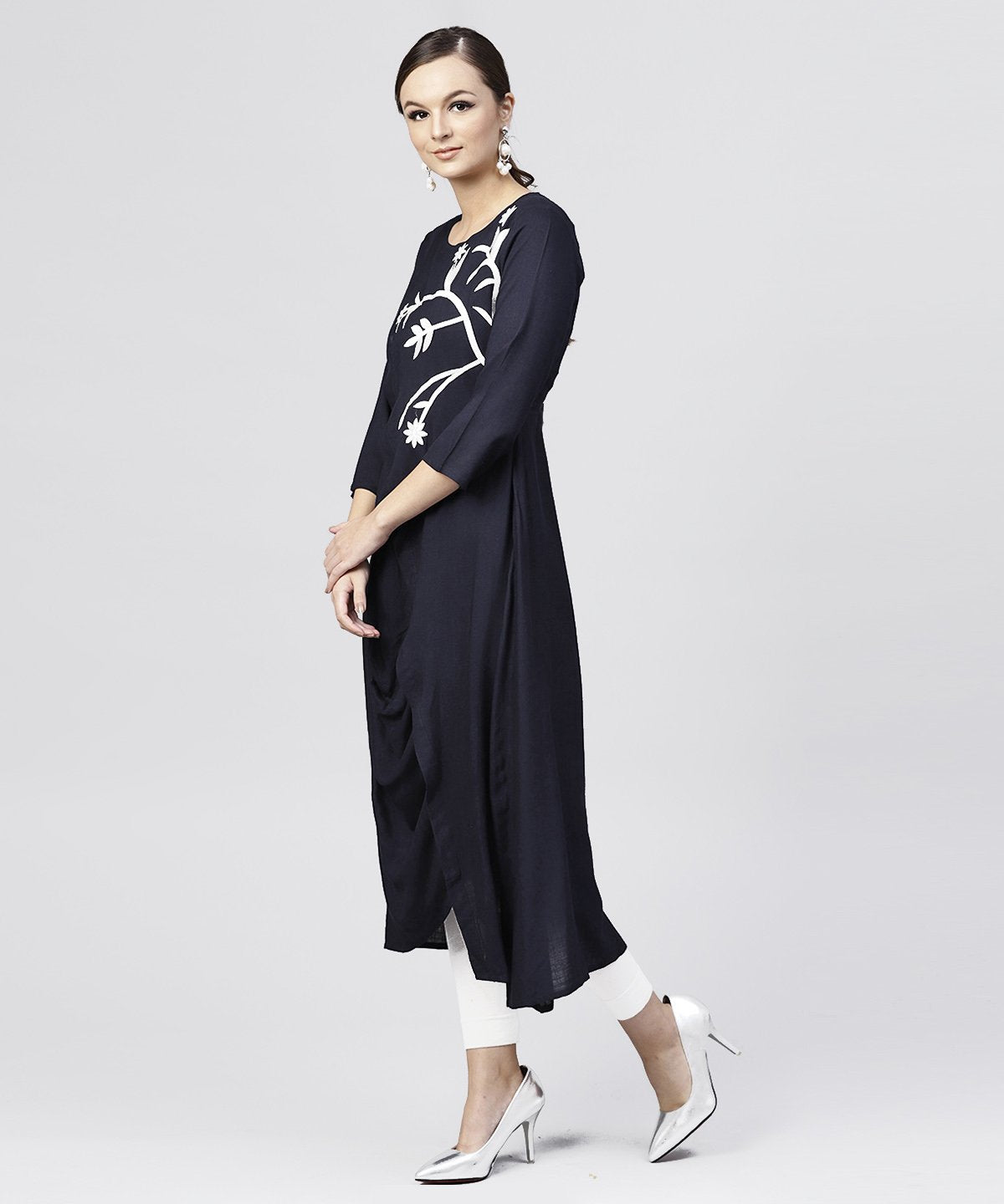 Rayon Navy Blue Cowl Draped Kurta With 3/4 Sleeves | LASVINI - Redefining Indian Fashion with Elegance