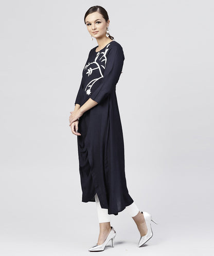 Rayon Navy Blue Cowl Draped Kurta With 3/4 Sleeves | LASVINI - Redefining Indian Fashion with Elegance