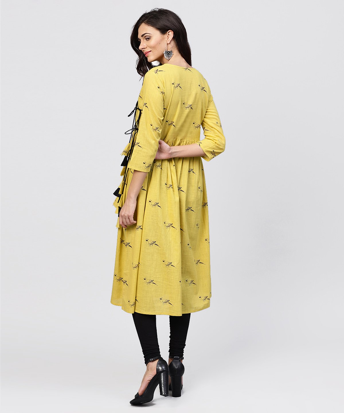 Cotton Mustard Pleated Angrakha With V-Neck And Embellished With Tassel | LASVINI - Redefining Indian Fashion with Elegance