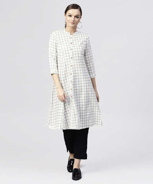 White Checked Printed Panelled Cut A-Line Kurta With Mandarin Collar And Front Placket | LASVINI - Redefining Indian Fashion with Elegance