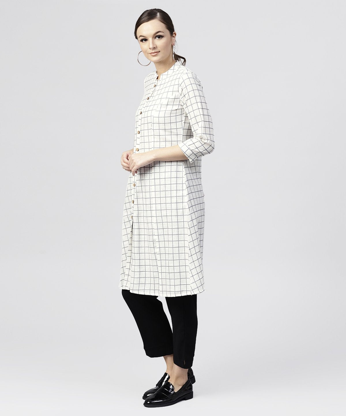White Checked Printed Panelled Cut A-Line Kurta With Mandarin Collar And Front Placket | LASVINI - Redefining Indian Fashion with Elegance