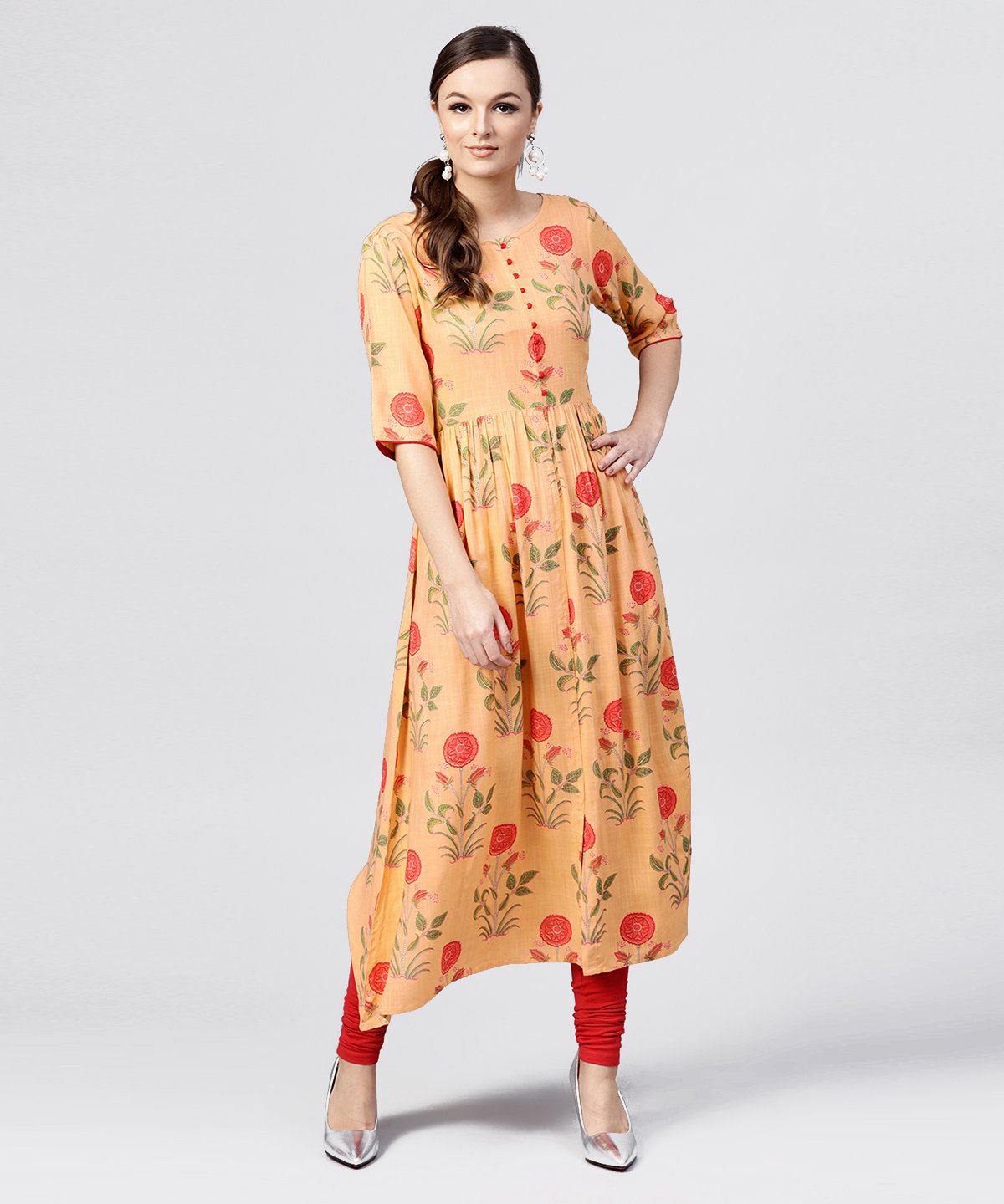 Peach Rayon Calf Length Kurta With Round Neck Front Placket | LASVINI - Redefining Indian Fashion with Elegance