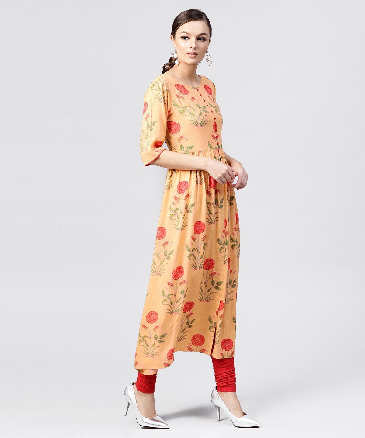 Peach Rayon Calf Length Kurta With Round Neck Front Placket | LASVINI - Redefining Indian Fashion with Elegance