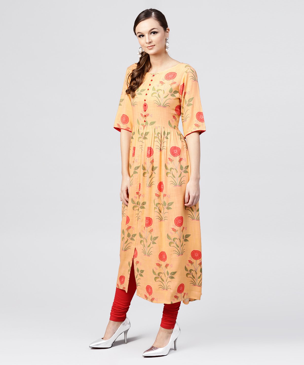 Peach Rayon Calf Length Kurta With Round Neck Front Placket | LASVINI - Redefining Indian Fashion with Elegance
