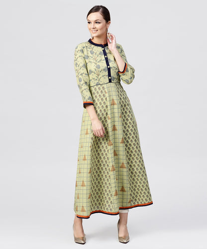 Pastel Green Printed Panelled Khadi Kurta With Mandarin Collar And Front Placket | LASVINI - Redefining Indian Fashion with Elegance