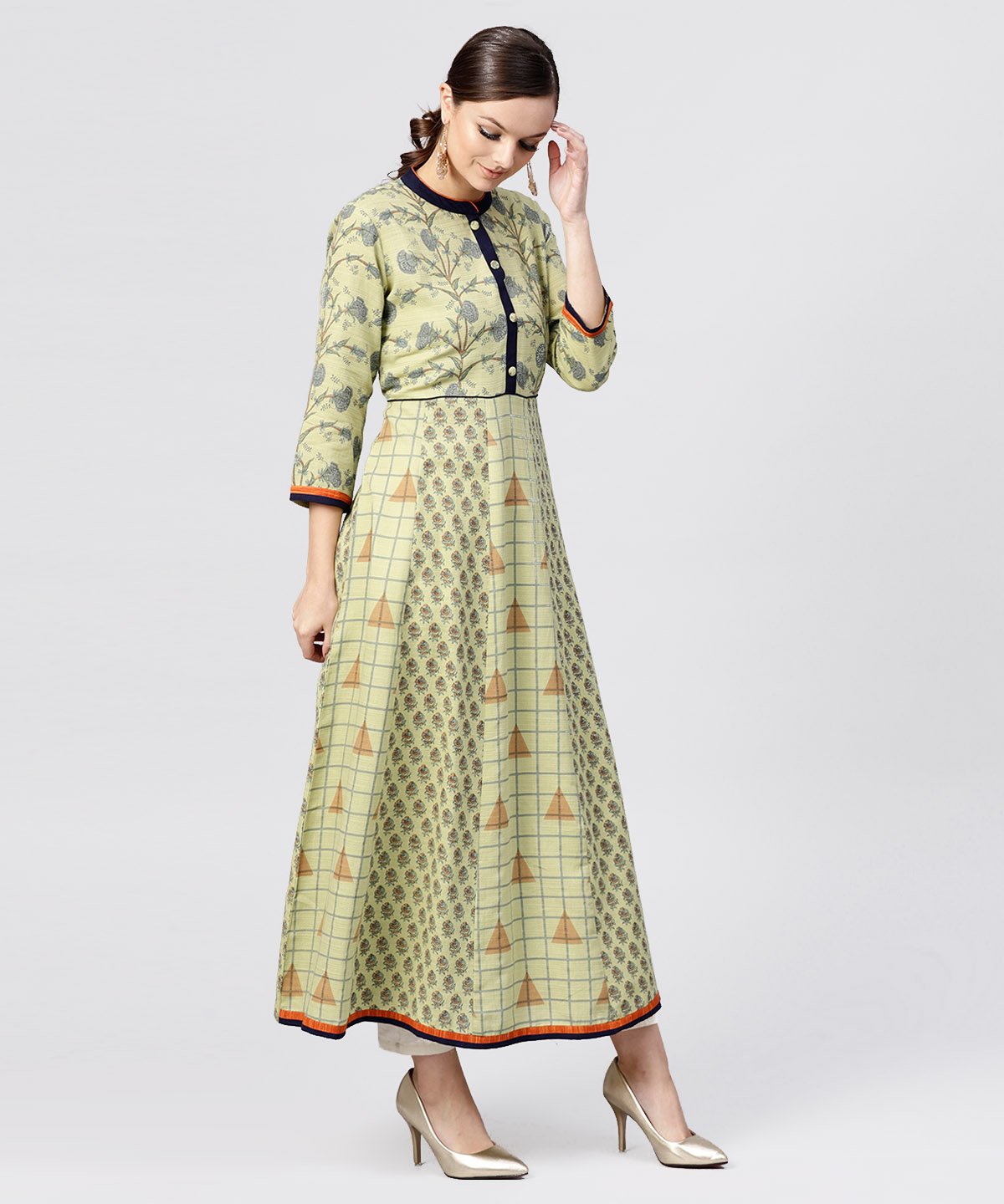 Pastel Green Printed Panelled Khadi Kurta With Mandarin Collar And Front Placket | LASVINI - Redefining Indian Fashion with Elegance
