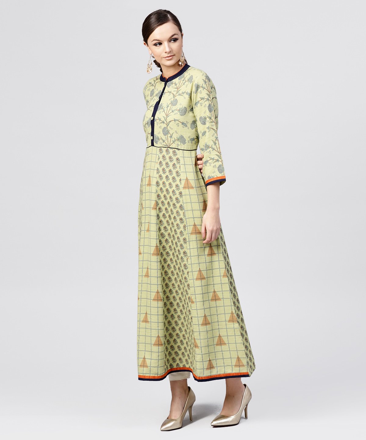Pastel Green Printed Panelled Khadi Kurta With Mandarin Collar And Front Placket | LASVINI - Redefining Indian Fashion with Elegance